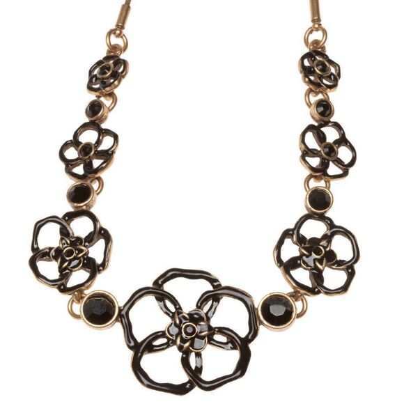 PILGRIM Goldtone Black Enamel Flower Link Necklace - Picture 1 of 3